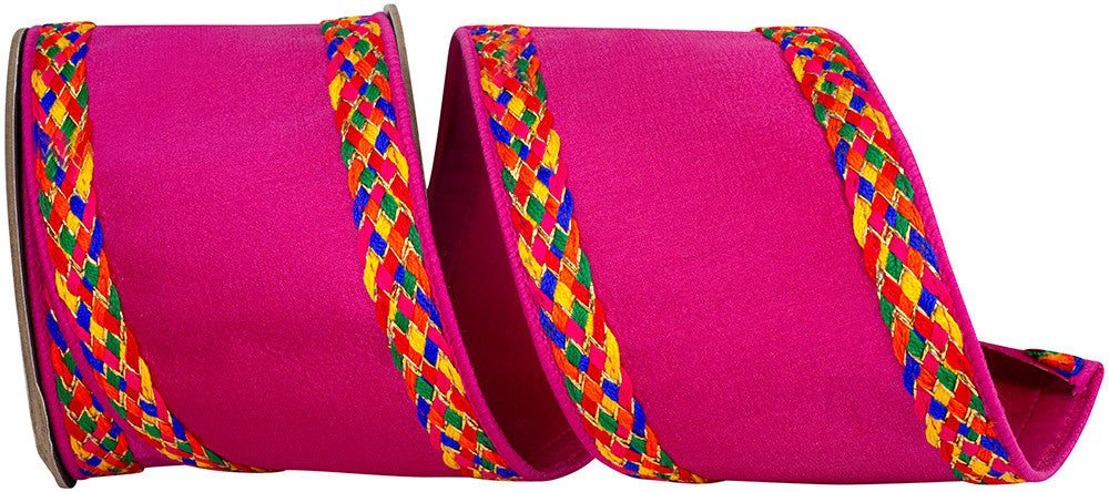 4-inch fuchsia ribbon with a multi-colored braided edge and wired trim.