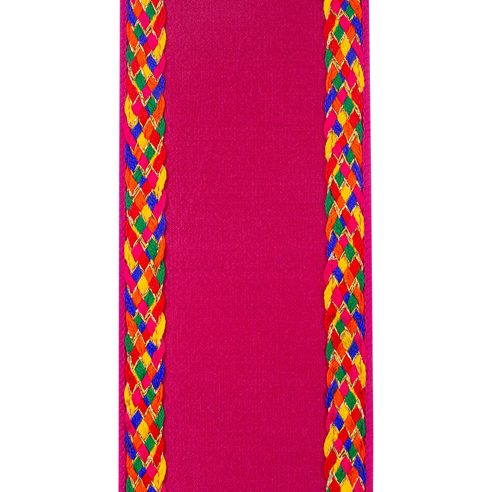 4-inch fuchsia ribbon with a multi-colored braided border and wired edges.