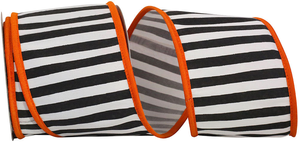 4-inch wide black and white striped ribbon with a vibrant orange wired edge.