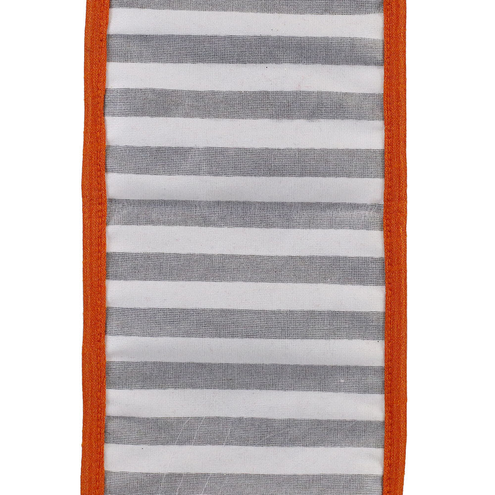 4-inch wide ribbon with grey and white stripes and a solid orange wired edge.