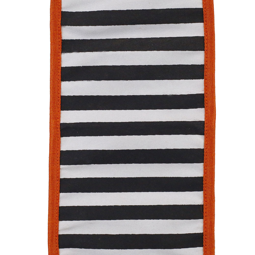 4-inch wide black and white striped ribbon with orange stitched edges.