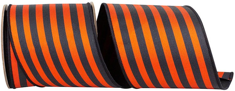4-inch wide black and orange striped twill ribbon with a wired edge and dupioni backing.