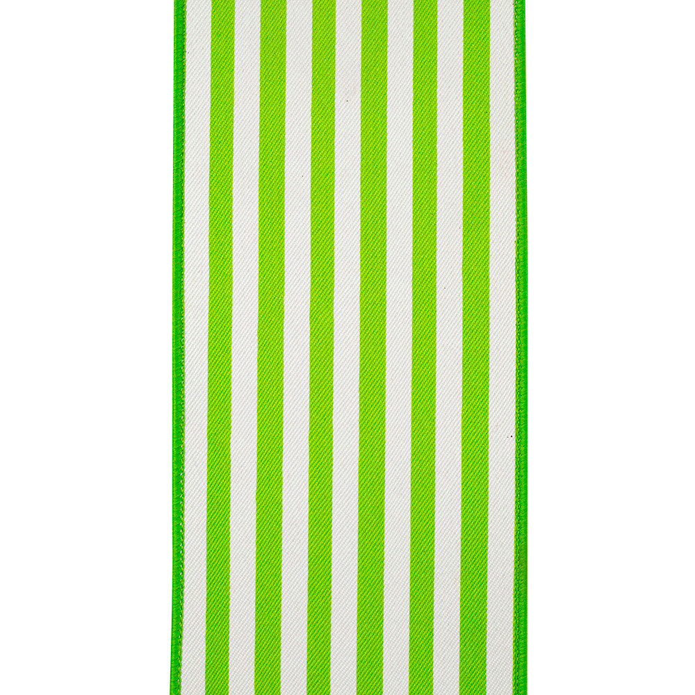 4-inch wide ribbon with vertical lime green and white stripes and a wired edge.