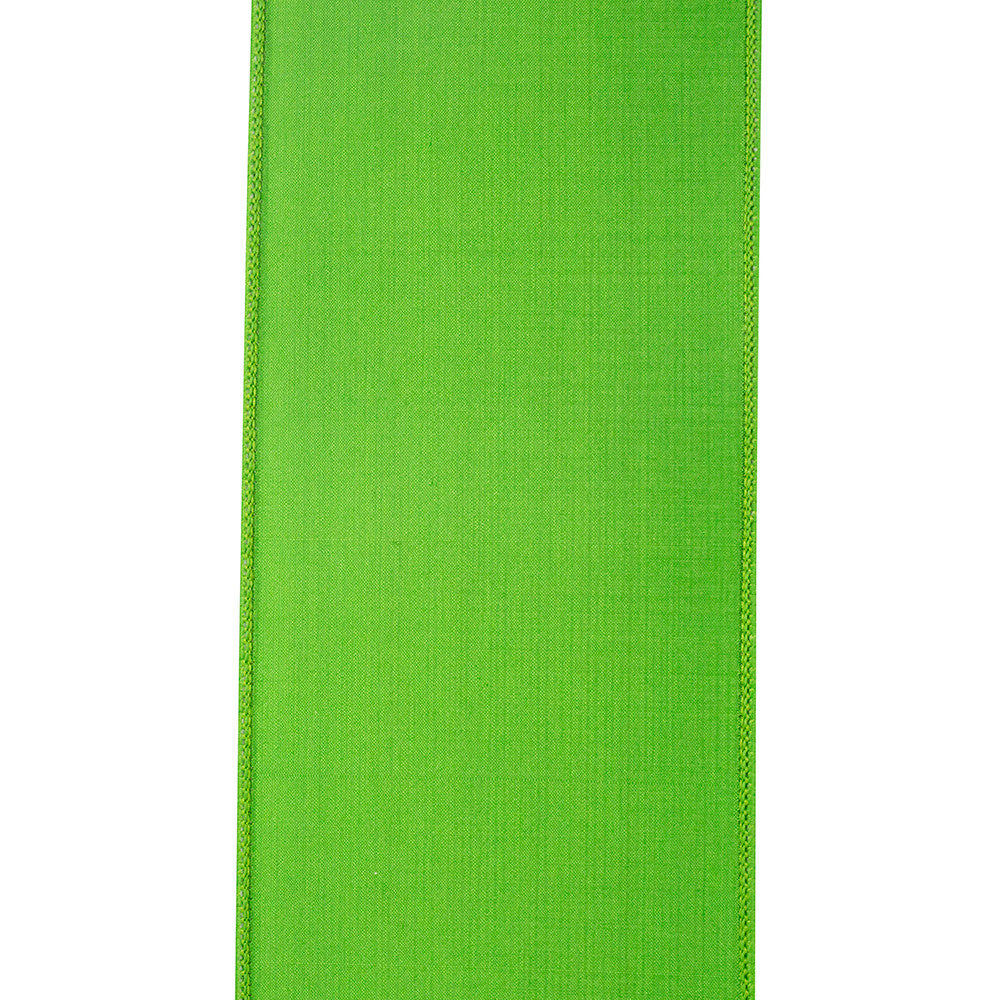 A 4-inch wide, bright lime green dupioni ribbon with a textured twill weave and wired edges.