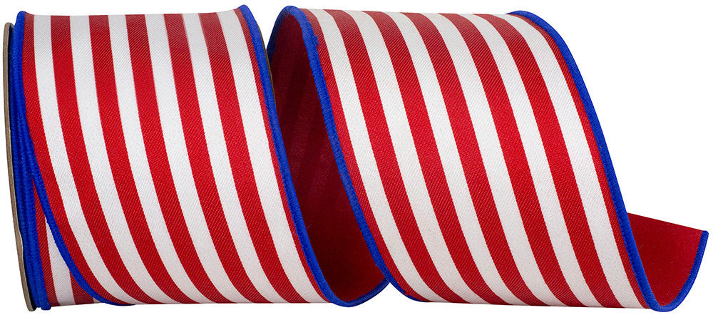 4-inch wide red and white striped twill ribbon with a blue wired edge.
