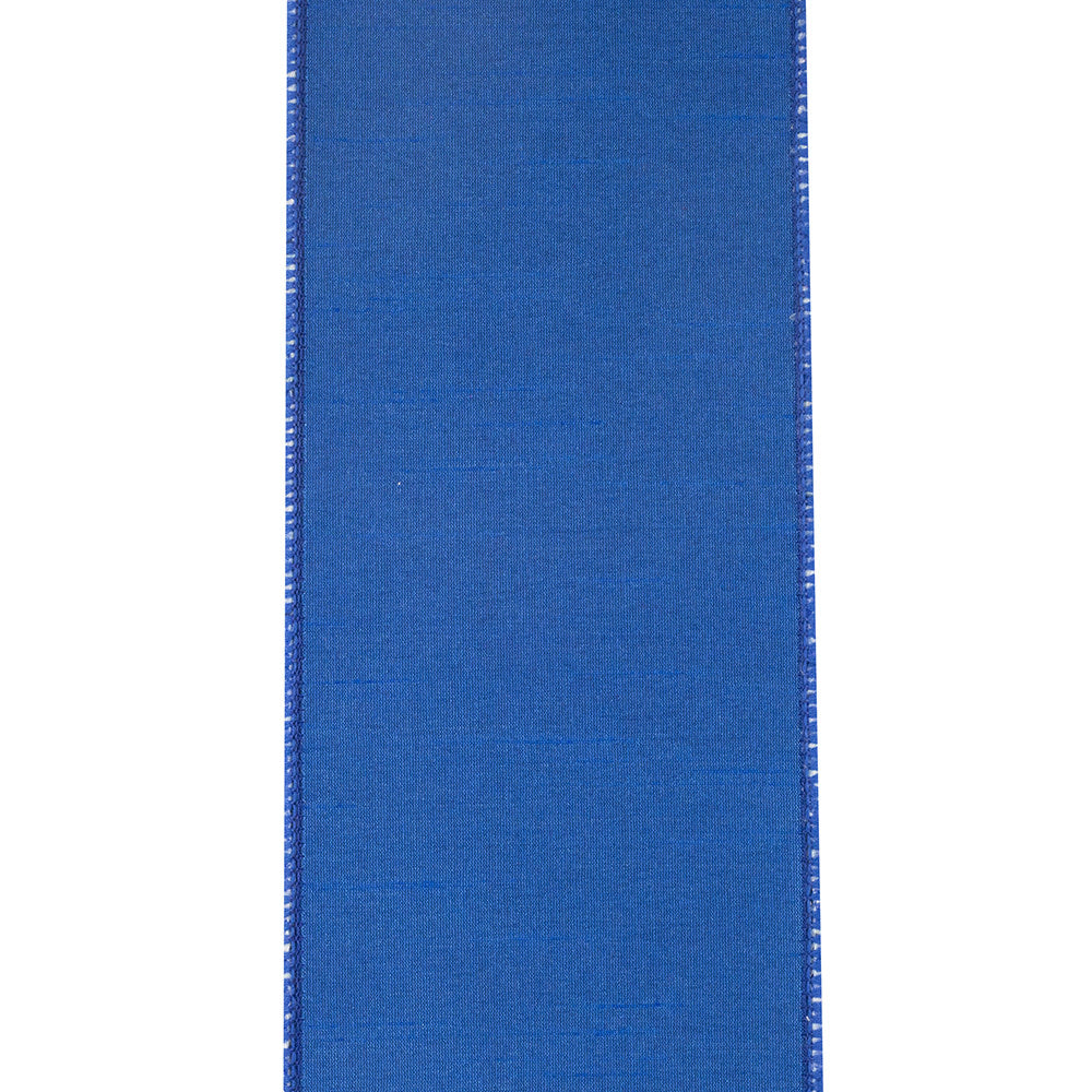 Solid blue dupioni ribbon with a wired edge, 4 inches wide.