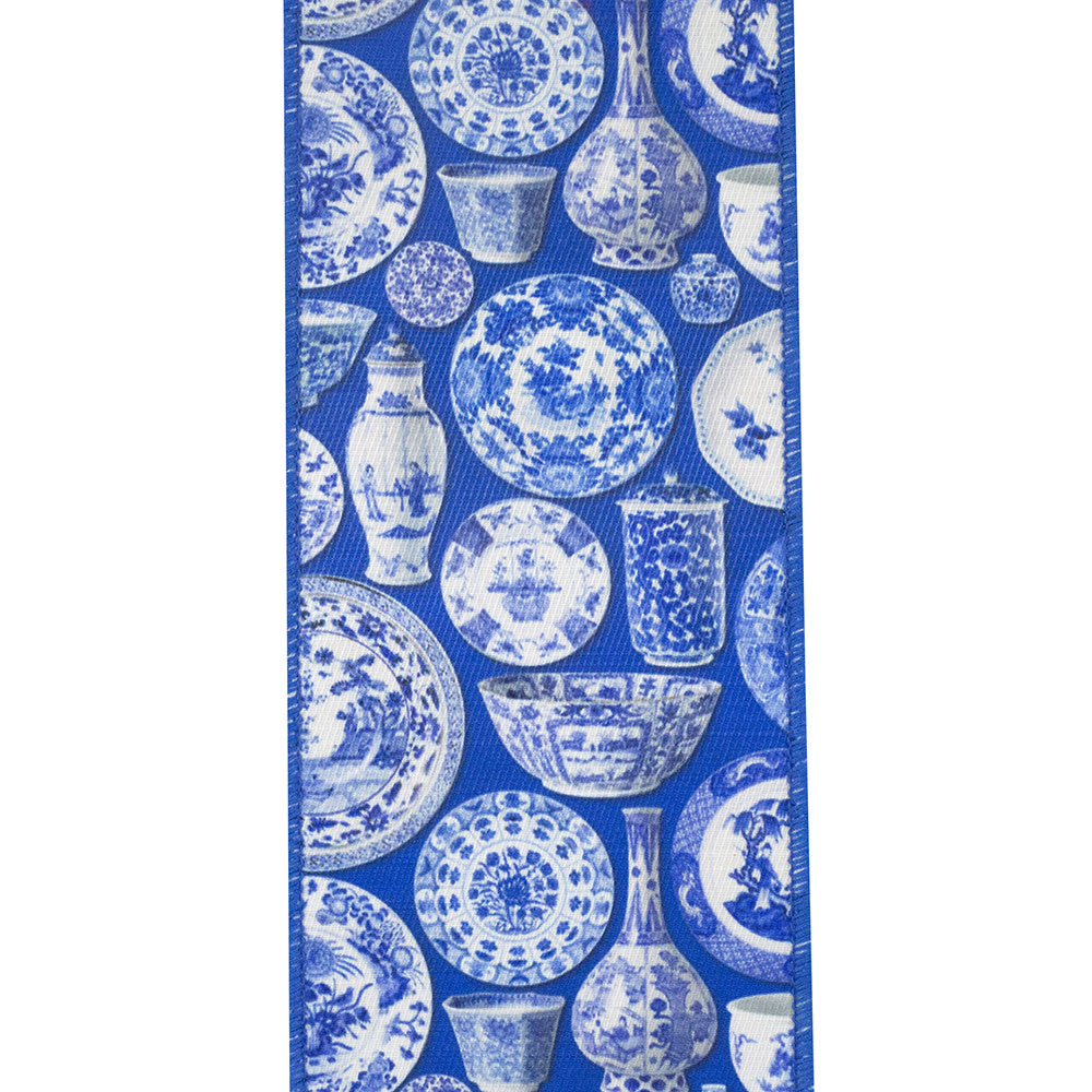Blue and white Chinoiserie ceramic pattern ribbon on a 4-inch wide polyester twill fabric.