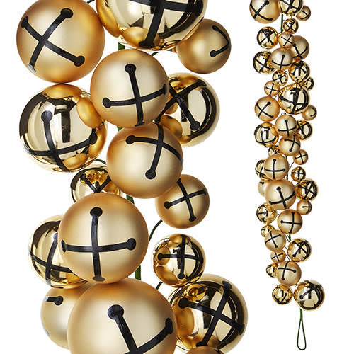 Four-foot gold plastic jingle bell garland with black cross patterns on each spherical ornament.