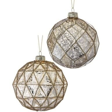 Four-inch mercury glass geometric ball ornament with glitter accents