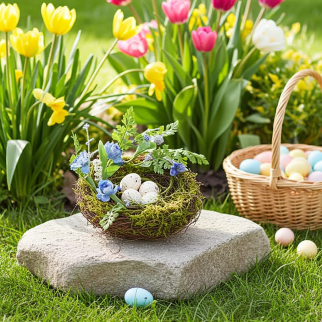Blue polyester floral nest with ferns and eggs on twig base