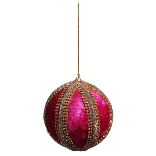 Pink velvet jeweled ball ornament with glass accents measuring four inches.