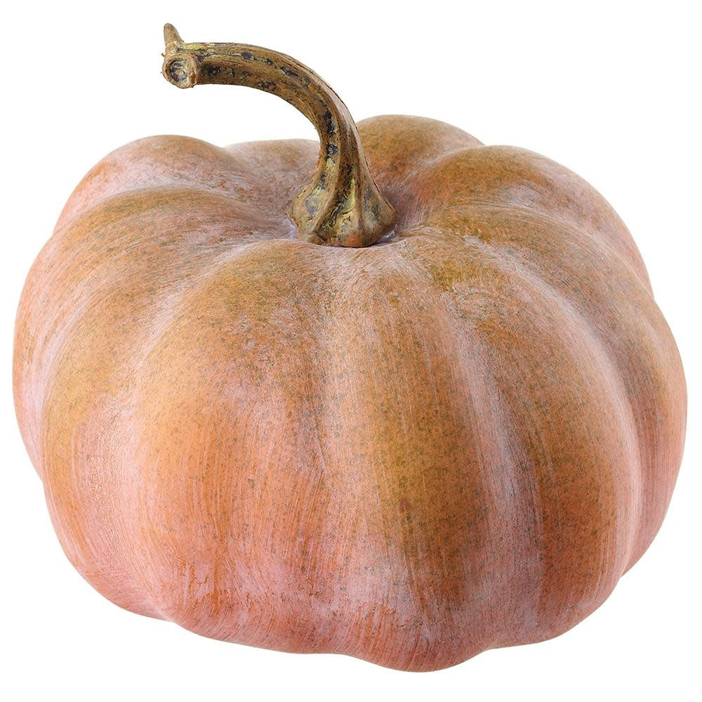 4-inch orange pumpkin with green stem on white background