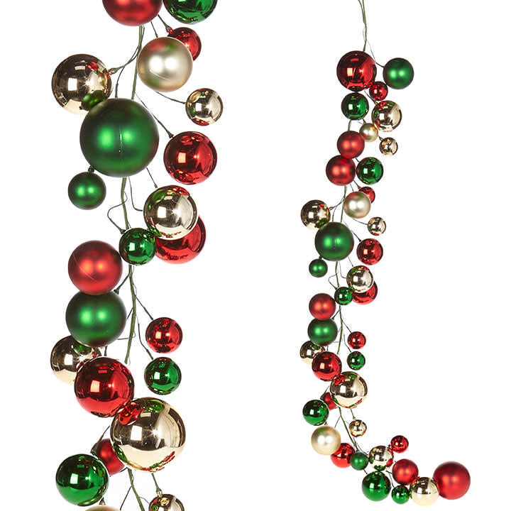 Four-foot plastic garland with red, green, and gold glossy balls.