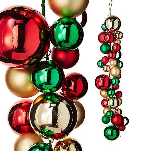 Four-foot plastic garland with glossy red, green, and gold spherical ornaments.