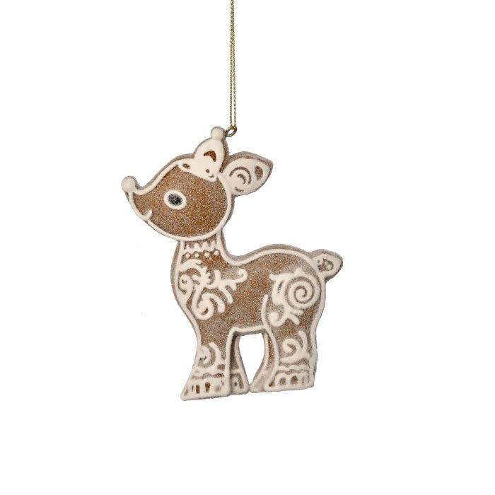 4-inch resin gingerbread deer ornament with white icing details on a brown silhouette.