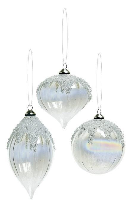 Clear glass ornament with a snow cap shape featuring an iridescent swirl pattern.