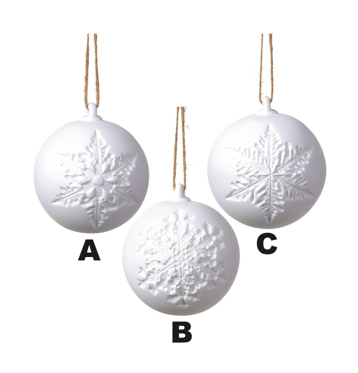 White porcelain snowflake ball ornament with a delicate cutout snowflake pattern.
