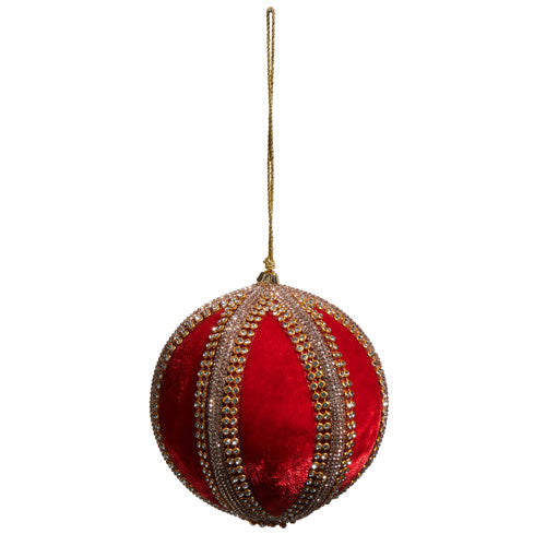 Four-inch velvet ball ornament with jeweled accents in festive colors.