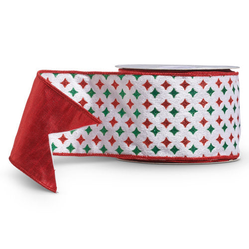 4-inch wide polyester ribbon with red and green diamond starburst pattern