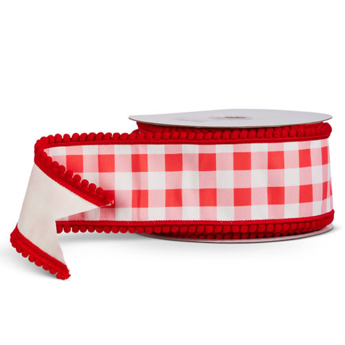 Four-inch wide red polyester gingham wired ribbon measuring ten yards long.