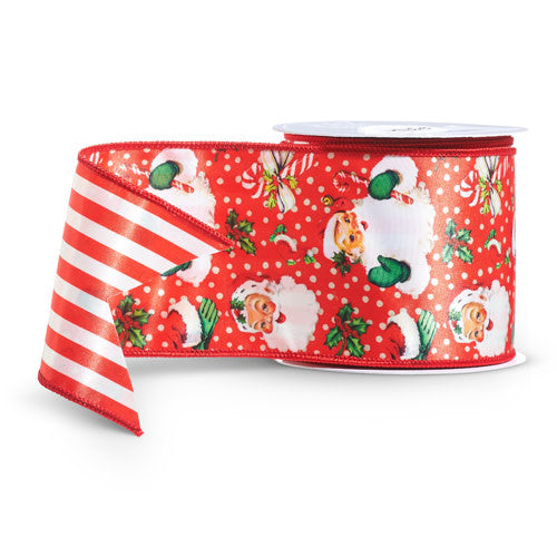 Double-sided polyester ribbon with red retro Santa print on a white background.