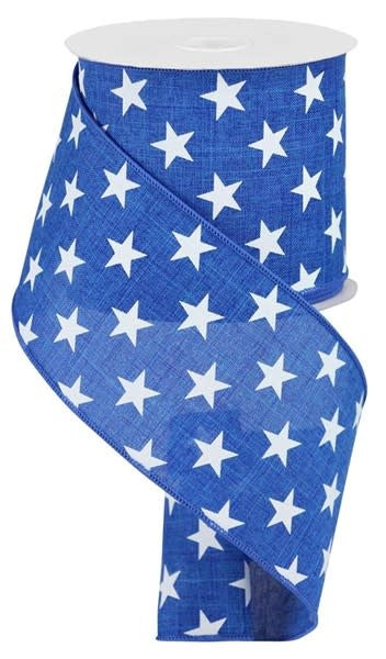 Royal blue polyester ribbon with white stars and metallic wired edge