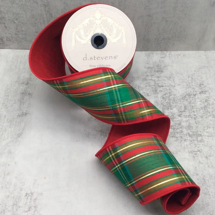 Four-inch wide Dupion ribbon in dark green moss red plaid with shimmering metallic gold thread accents.