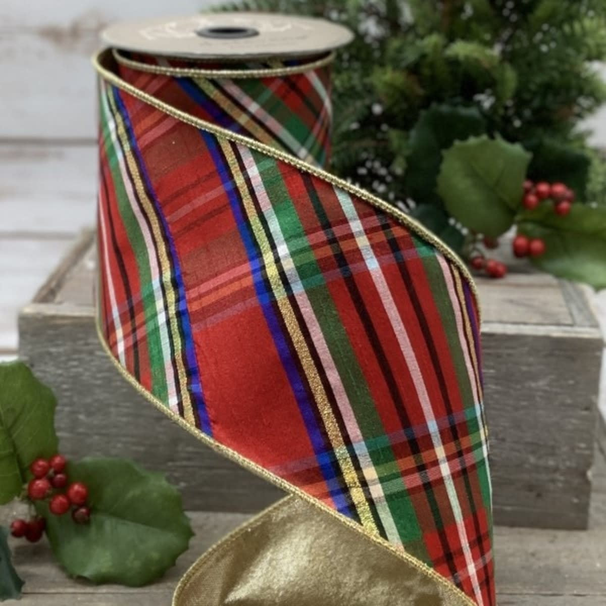 4-inch wide blue-gold-red diagonal plaid faux dupion ribbon with gold back