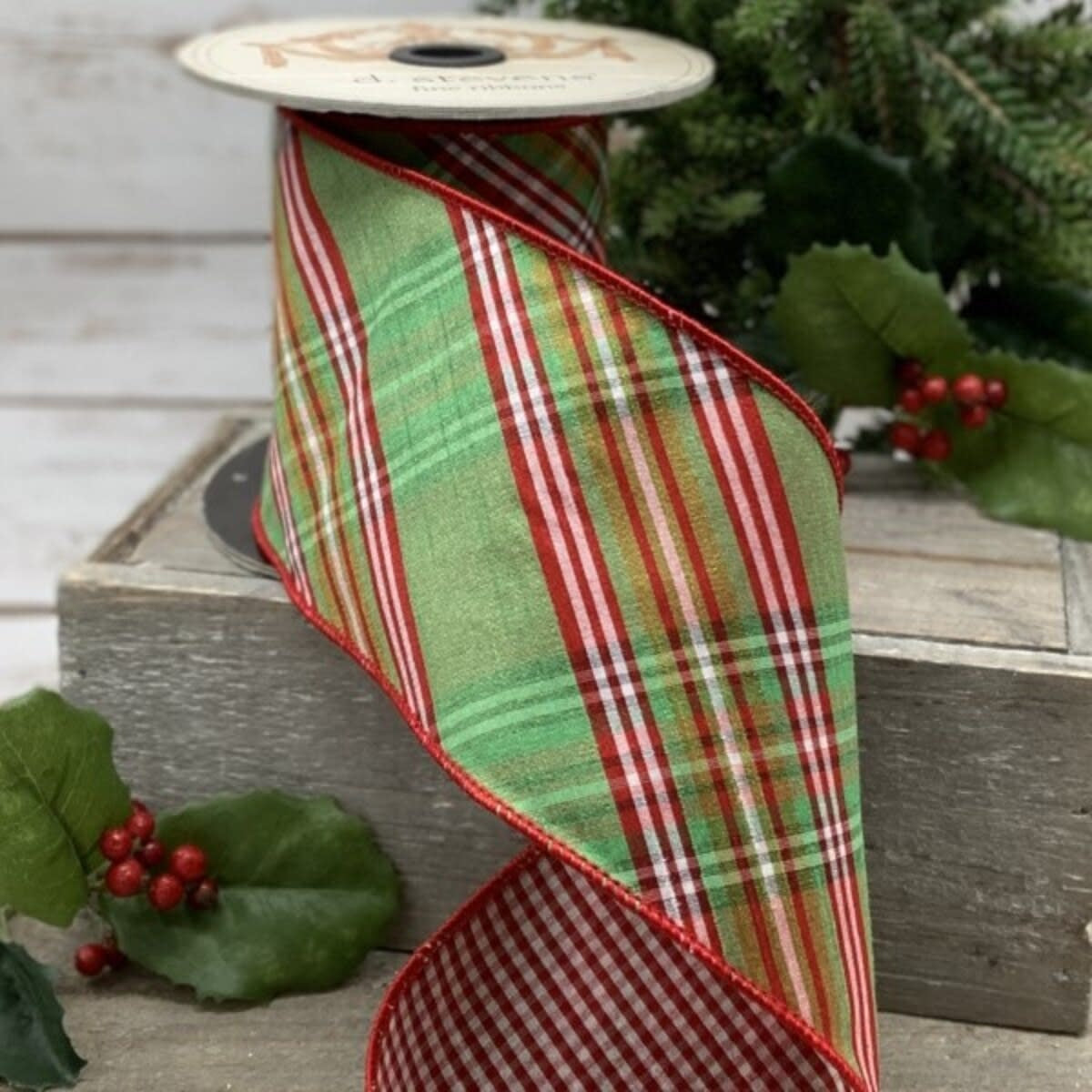 Red faux dupion ribbon with diagonal plaid check pattern in green and pink