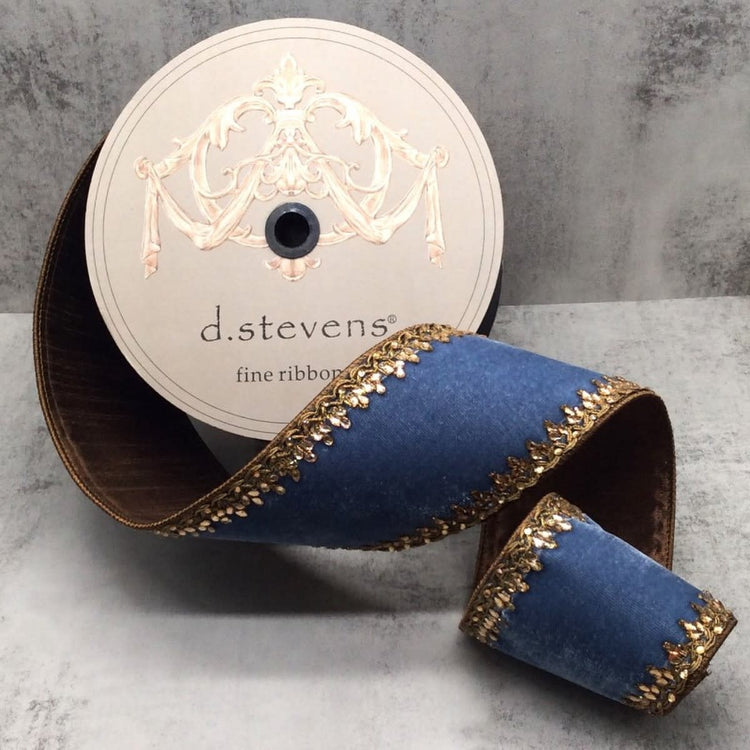 Dusty blue velvet ribbon with scallop edge and jewel trim pattern