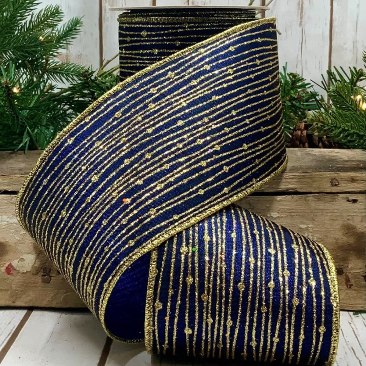 Navy metallic Dupion spun ribbon with gold accents