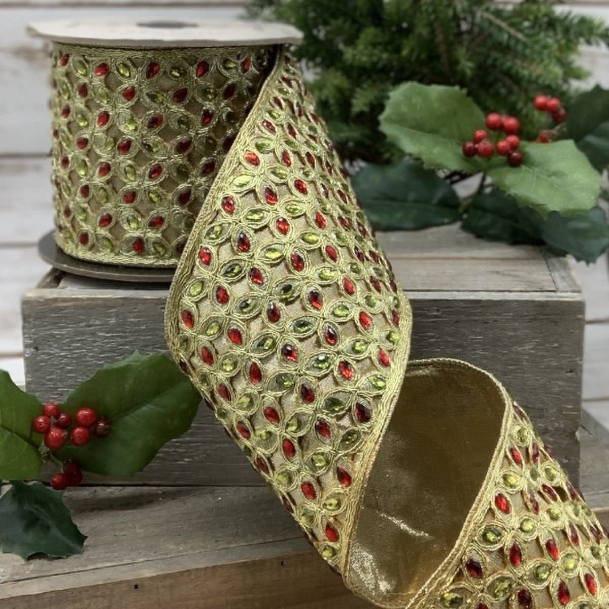 Green faux metallic dupion ribbon with red filigree and jeweled trim