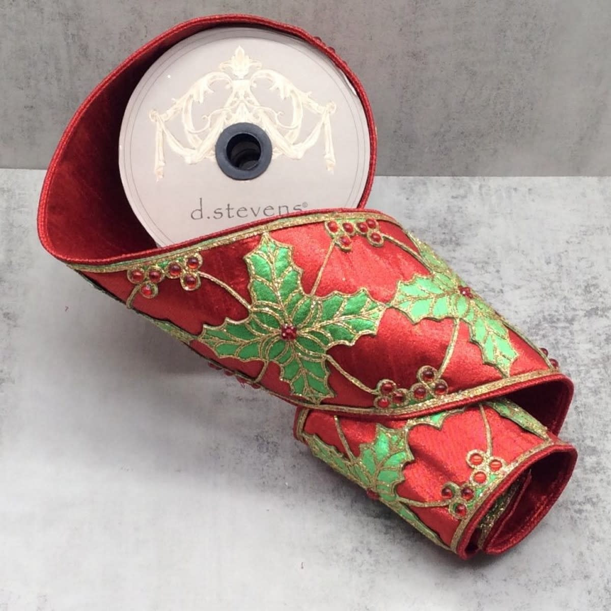 Red metallic Dupion fabric holly cutout decoration with jewel accents