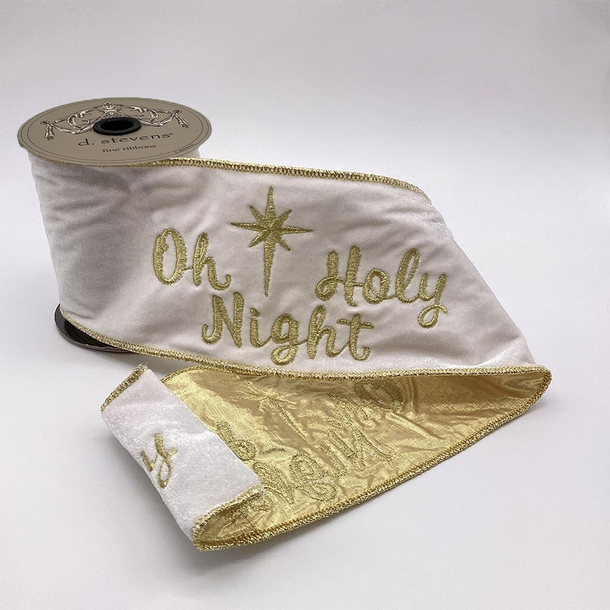 Five yards of white velvet ribbon with gold 'O Holy Night' embroidery.