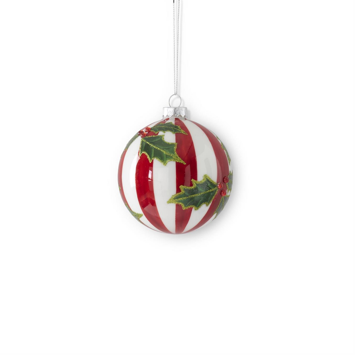 4.5-inch round glass ornament with red and white vertical stripes and hand-painted holly accents.