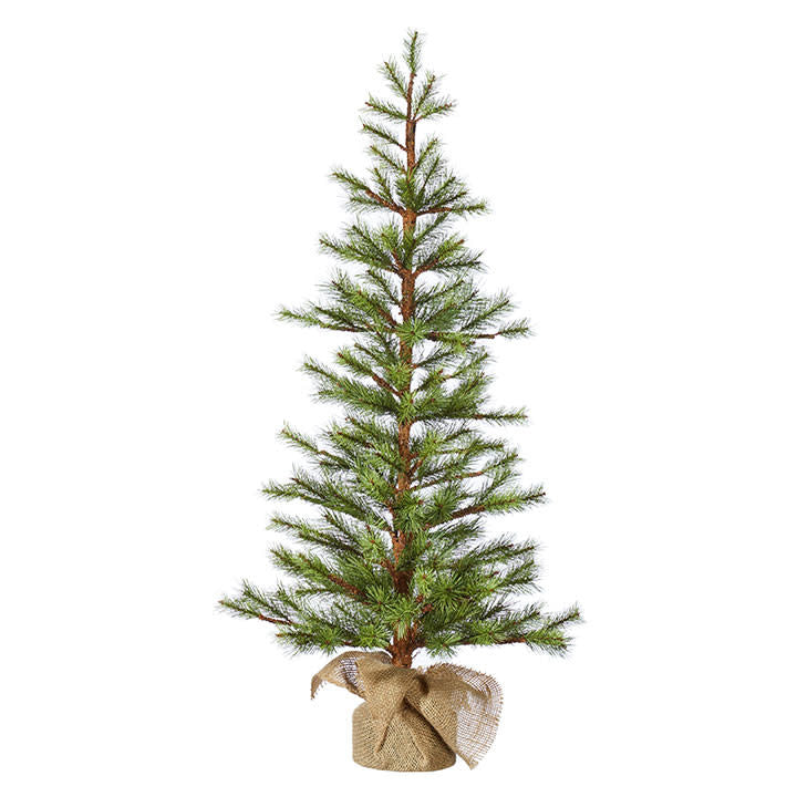3-foot slim artificial pine tree with green needles in a burlap-wrapped base.