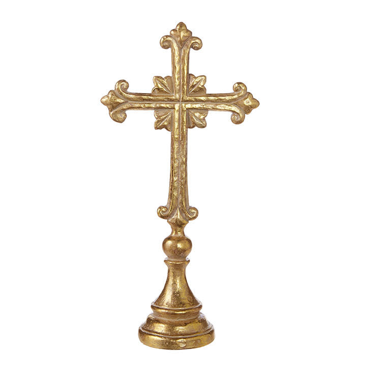 Gold resin tabletop cross measuring approximately 15.25 inches tall.