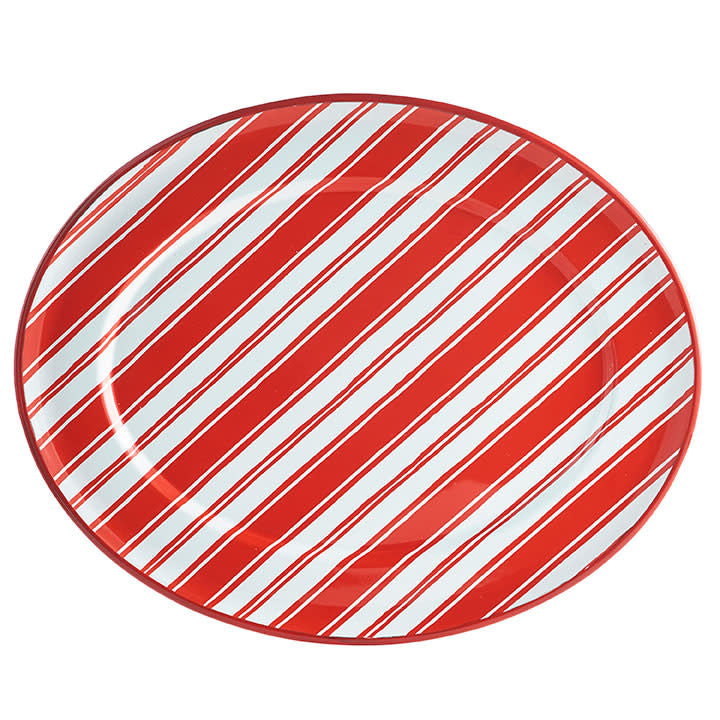Metal oval platter with candy stripe red and white pattern