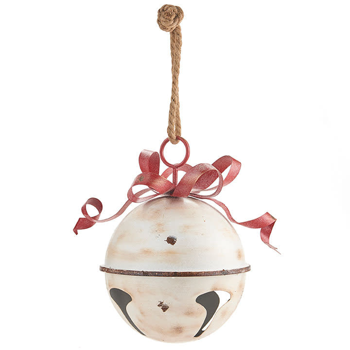 13.75" White Glittered Jingle Bell With Red Bow Ornament