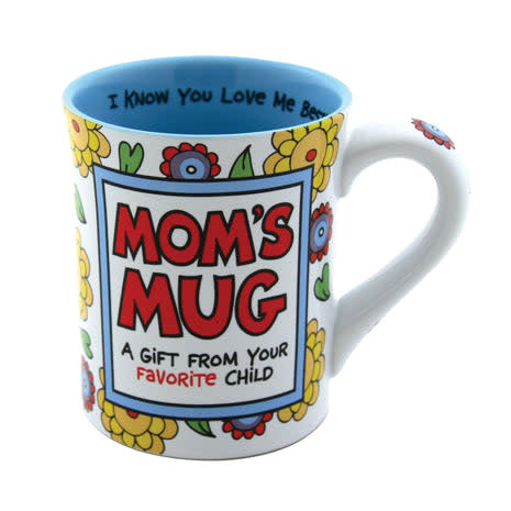 Onim Mug: black stoneware coffee mug with humorous front, back, and rim text.