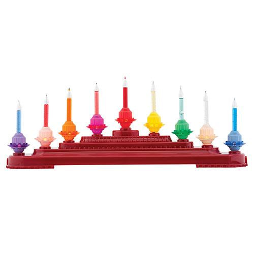 Silver metal candolier with nine clear bubble ornaments on a vertical stand.