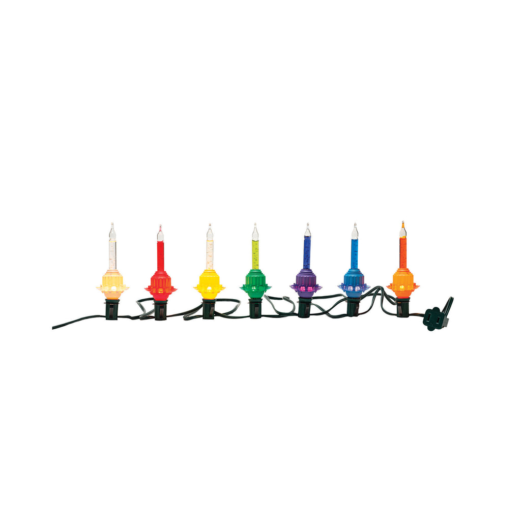 Seven vintage Americana glass bubble lights in festive holiday colors arranged on a clear wire stand.