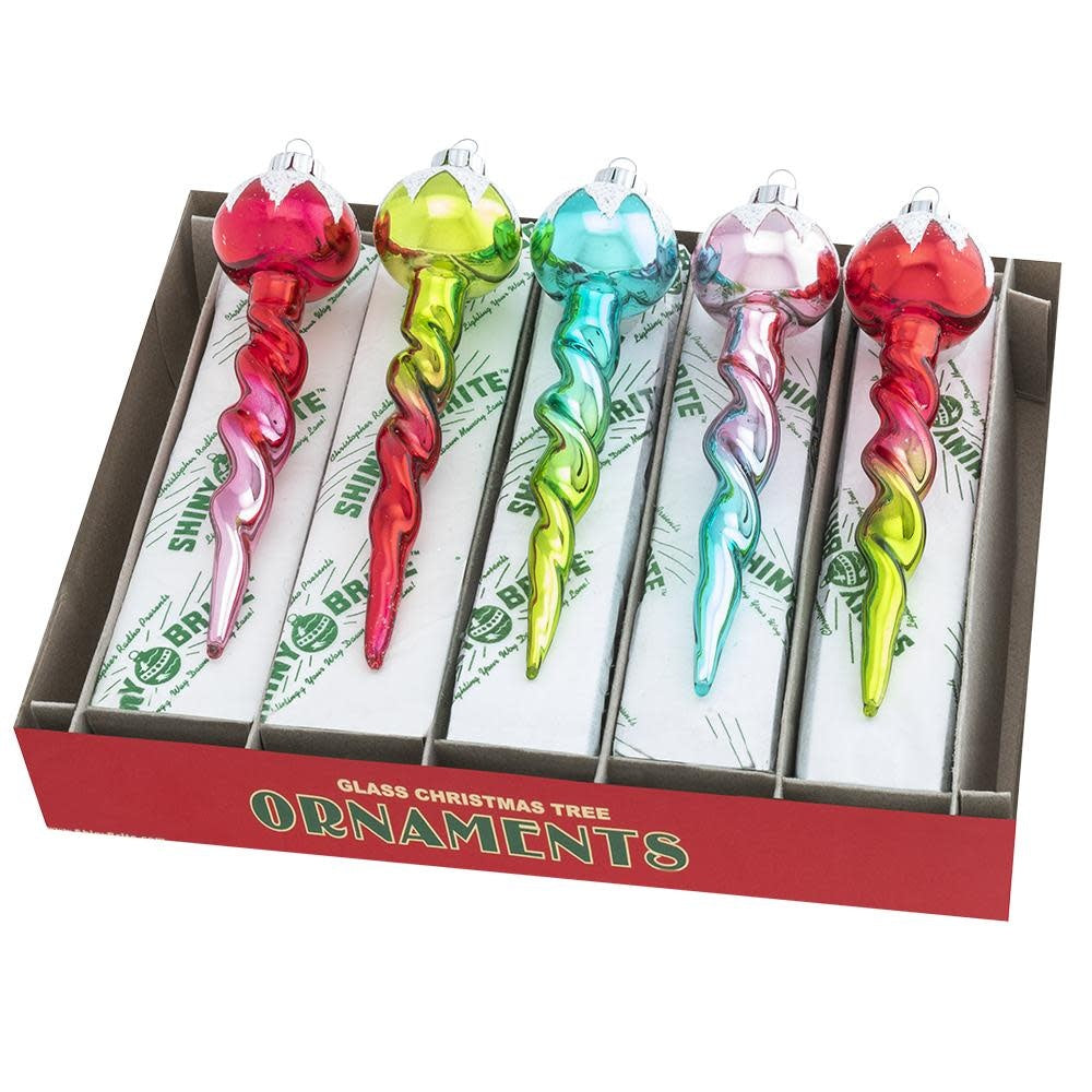 Five clear glass icicle ornaments with a festive fete finish hanging from hooks.