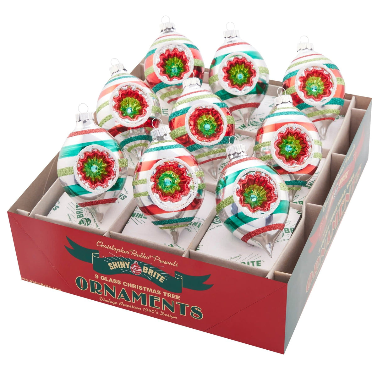 Red, green, and white reflector tulip arrangement with nine blooms in a classic holiday silhouette.