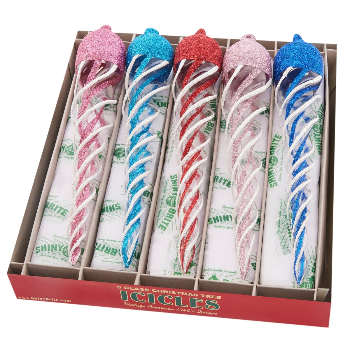 Eight-and-a-half-inch glass icicle ornament with glittering confetti pattern in candy and gem tones.