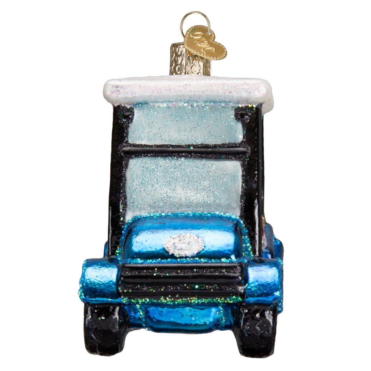 Golf Cart Santa ornament featuring a red-suited golfer with white beard on green cart