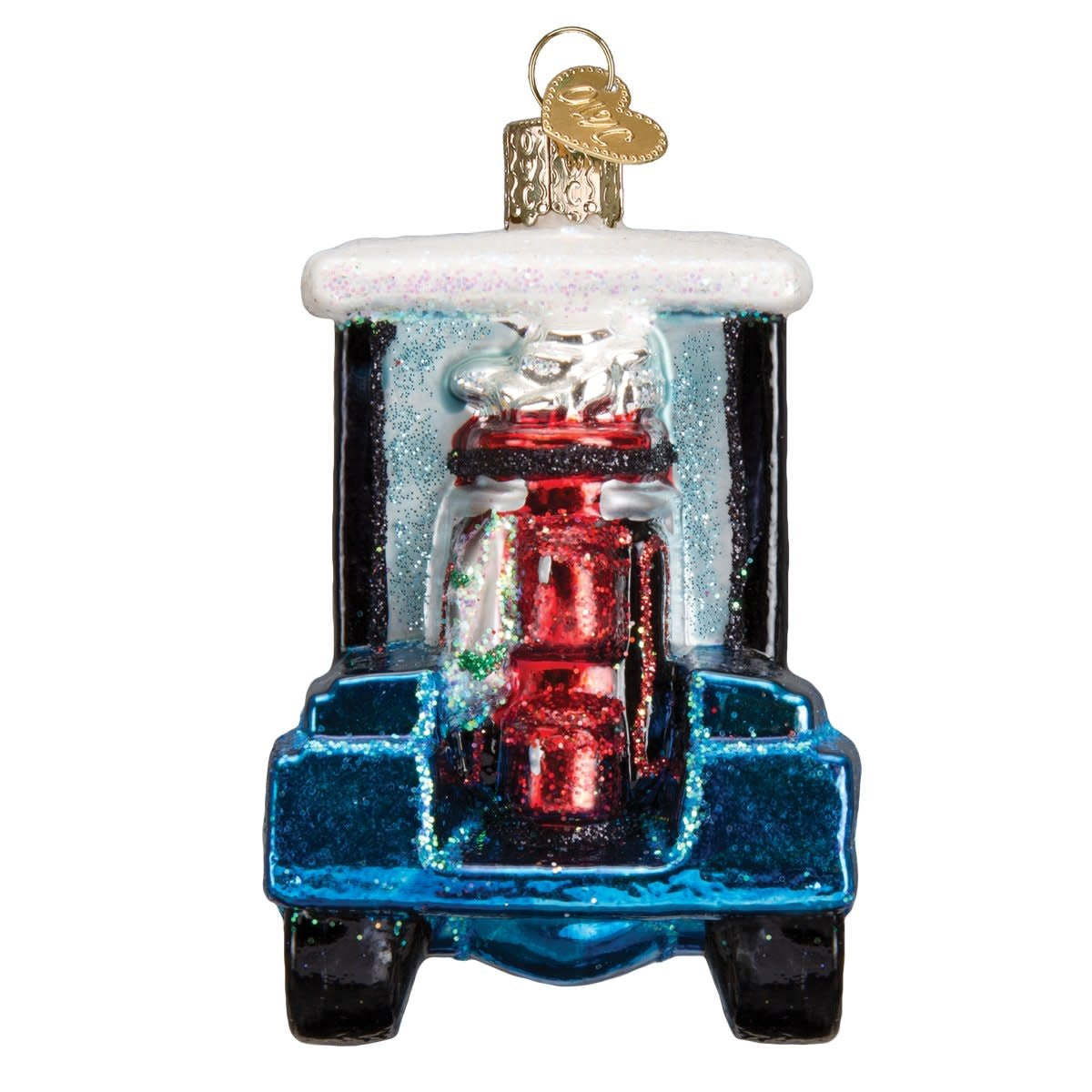 Red golf cart ornament with white beard Santa driver.