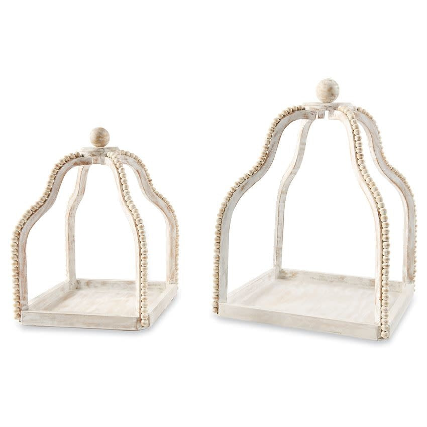 White-washed mango wood open-air beaded lantern with top knob finials.