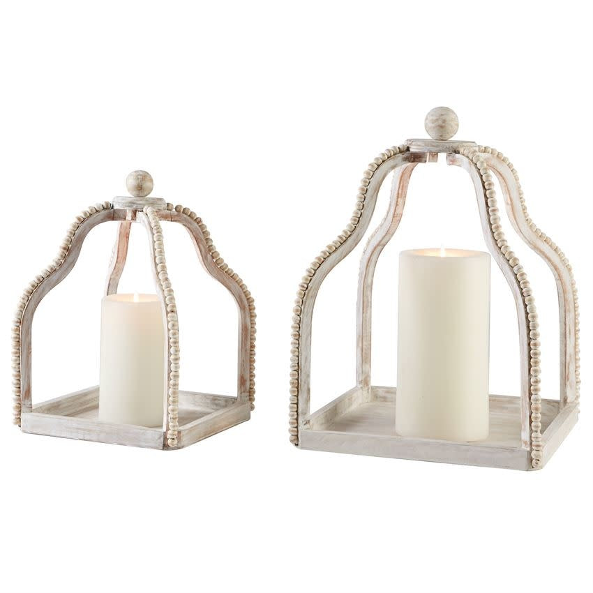 White-washed mango wood open-air beaded lantern with top knob finials.