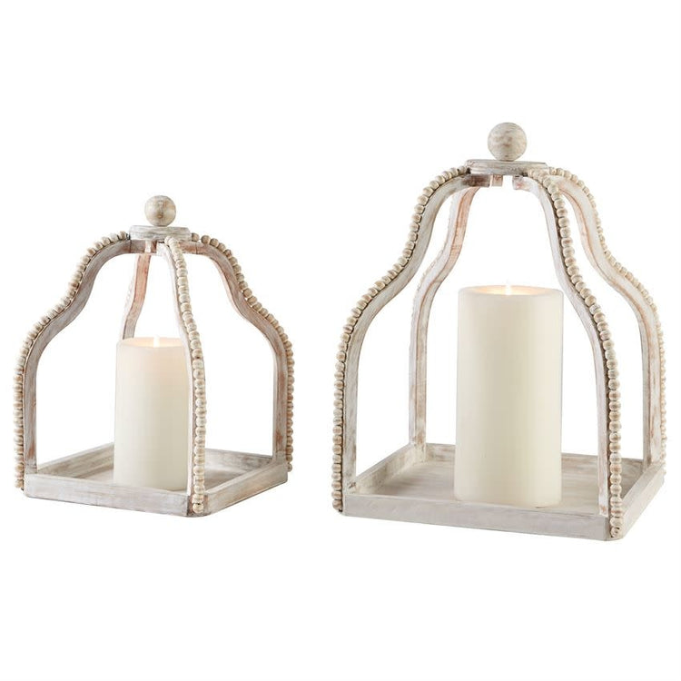 White-washed mango wood open-air beaded lantern with top knob finials.